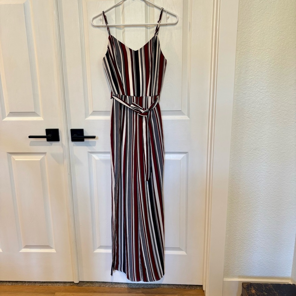 Monteau Striped Red Black White Tie Jumpsuit Size XS Slit Leg Adjustable Straps